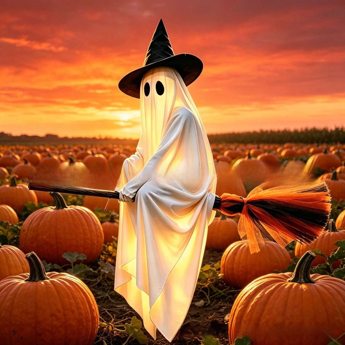 Flying broom ghost glowing over jack o lanterns on a porch after dark