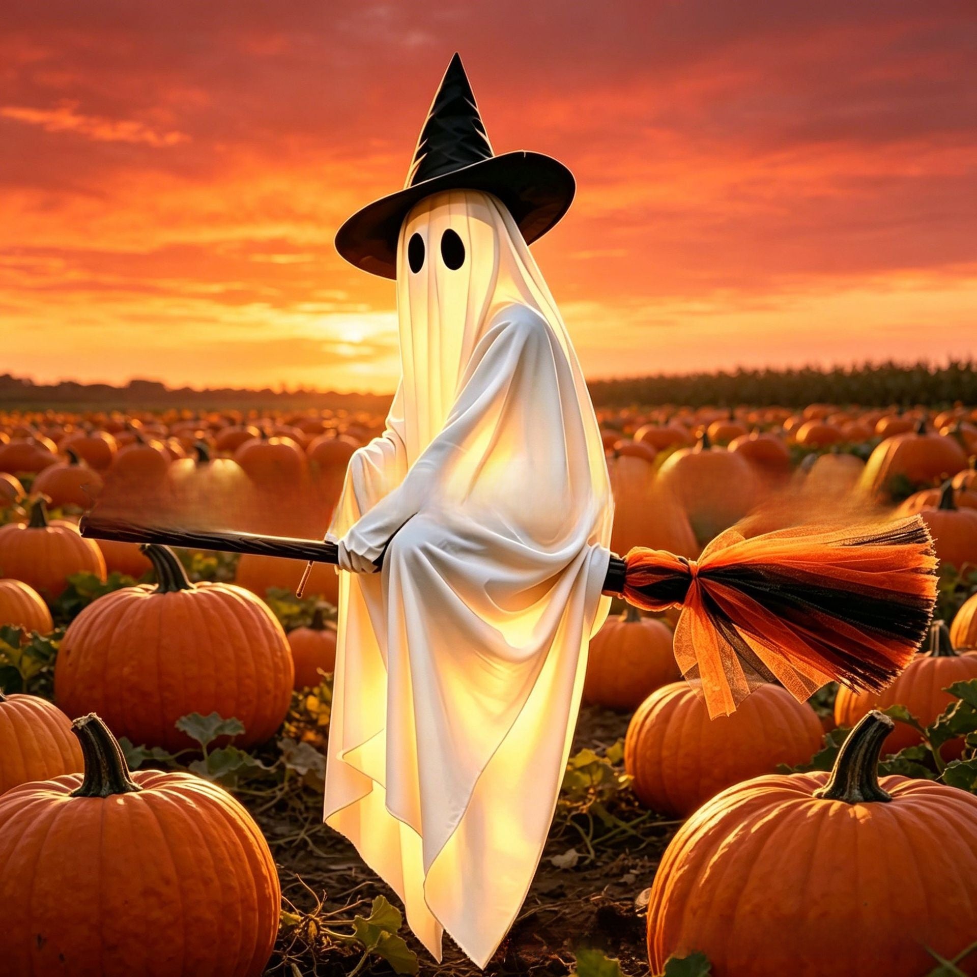 Flying broom ghost glowing over jack o lanterns on a porch after dark
