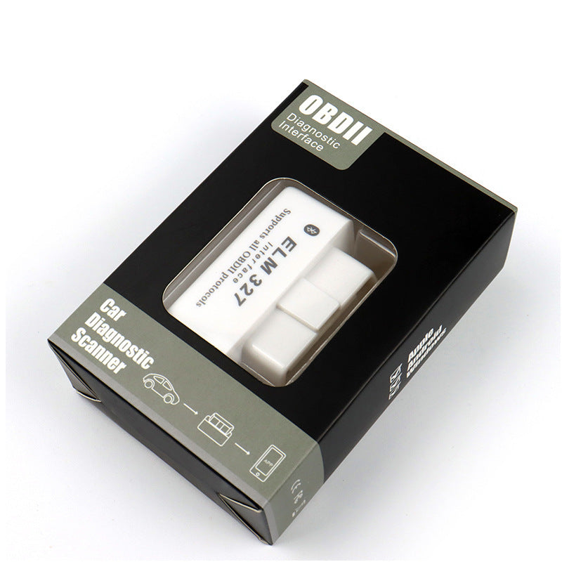 Printed colour box of the mini OBD2 diagnostic scanner, window showing the white housing inside