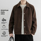 Coffee brown button front jacket with a turn down collar, option photo for size L, worn over a grey tee
