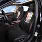 Black terry cloth seat cover with a surf print fitted on the driver seat of a car, shown from the door side