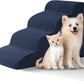 Tiered foam pet steps wrapped in ribbed fabric, a small dog climbing the treads up to a sofa or bed