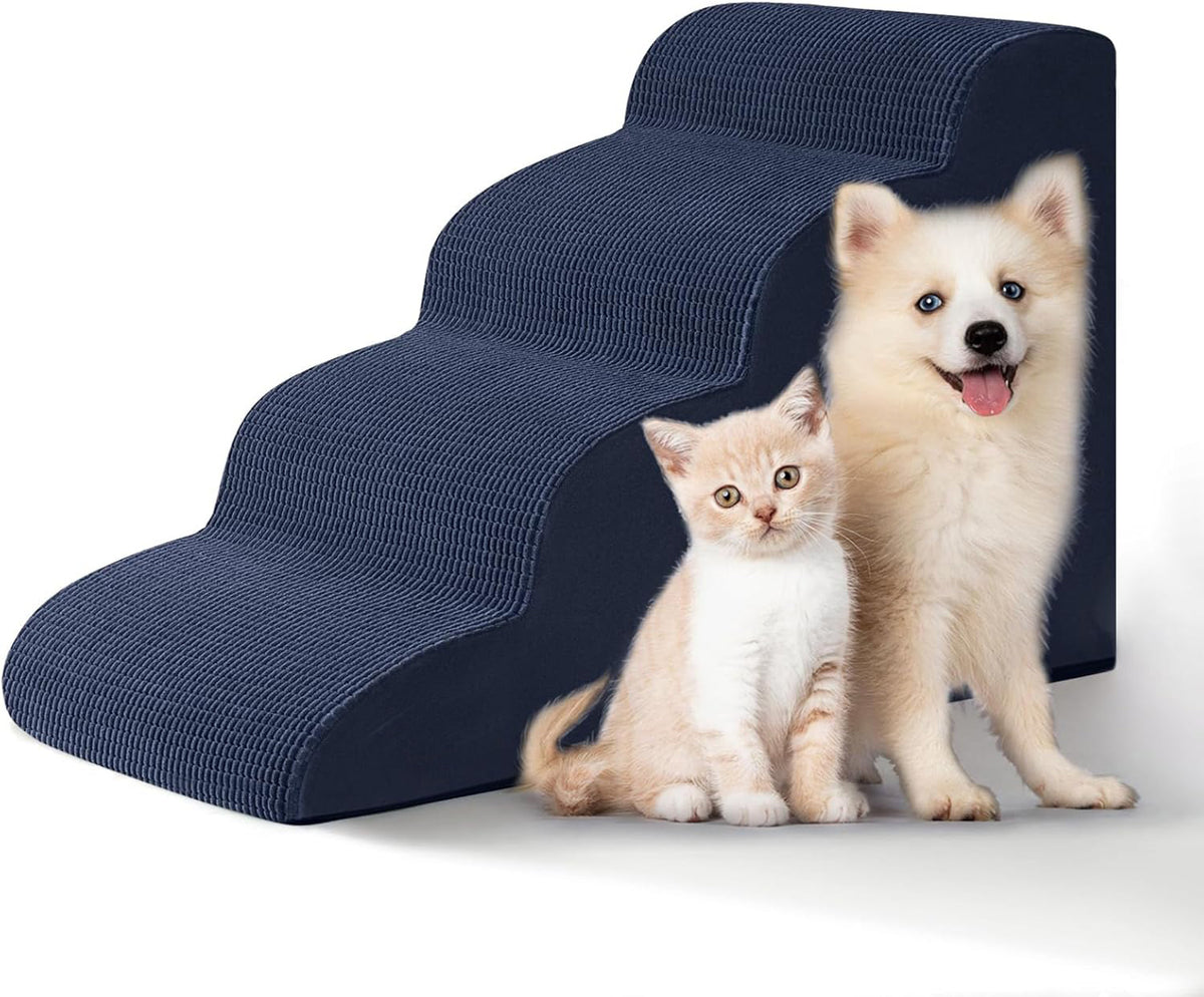 Tiered foam pet steps wrapped in ribbed fabric, a small dog climbing the treads up to a sofa or bed