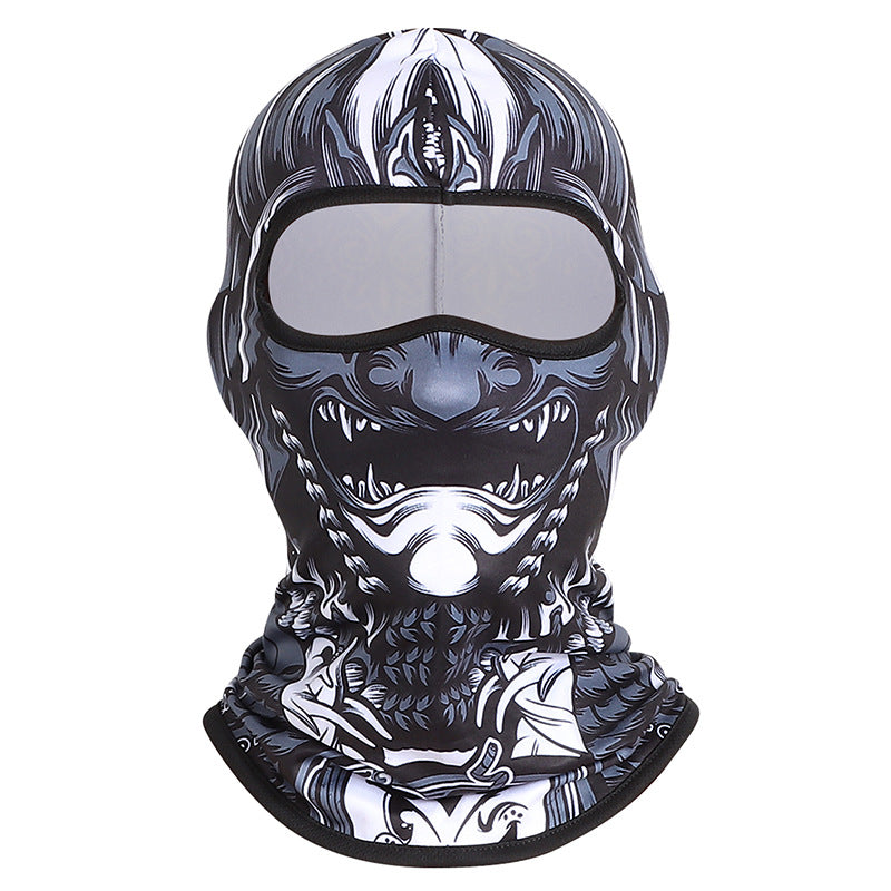 Gray Demon print full-face balaclava, autumn and winter style, front view on a white background