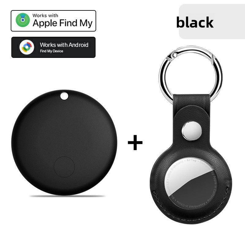 F08 Black with a black leather keyring case holding a tracker, black tracker beside it