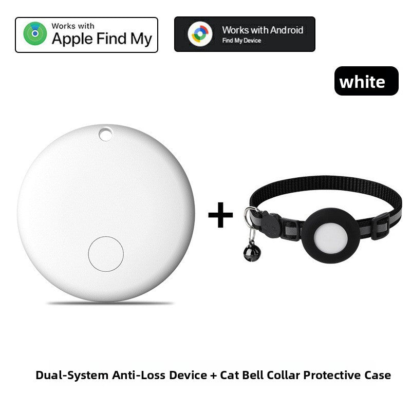 F08 White with a cat bell collar protective case, white tracker next to a black collar with a bell