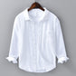 Single button cuff detail at the end of the long sleeve on the linen blend shirt
