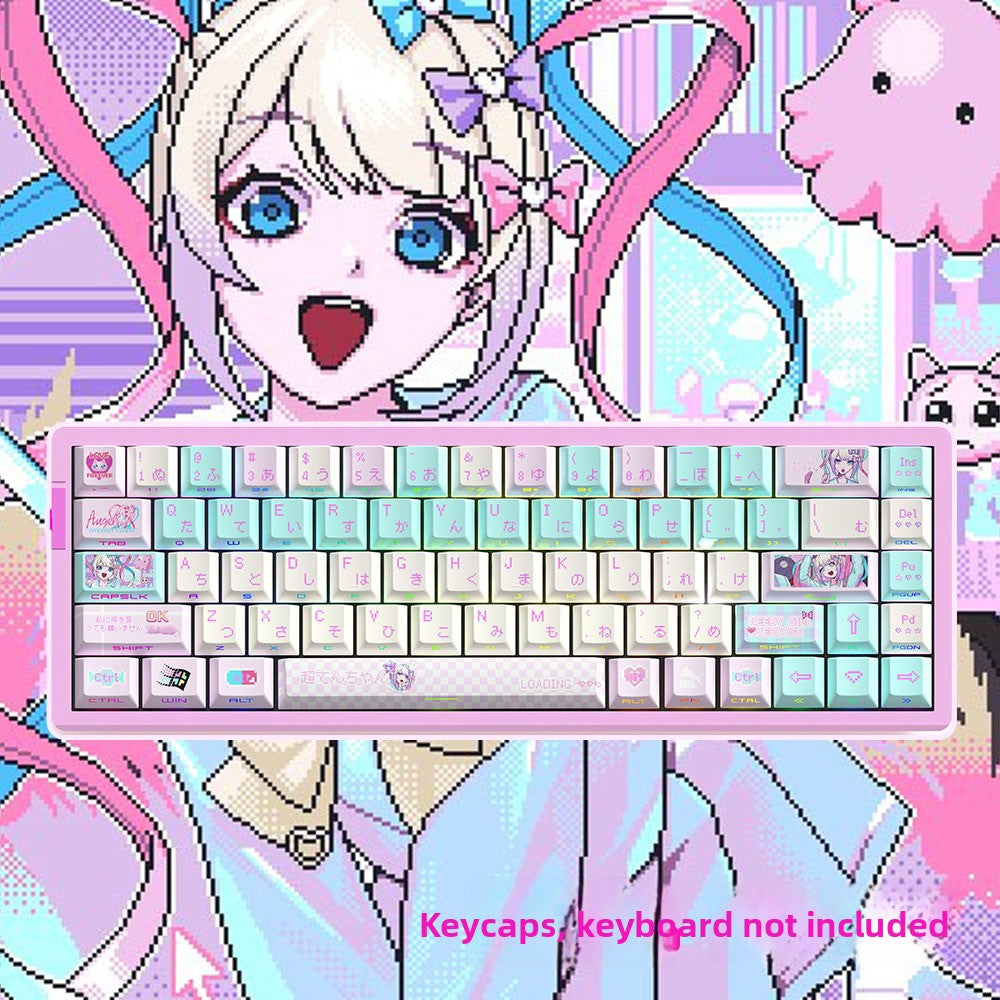 Keycaps shown at a side angle showing the front-printed anime legends