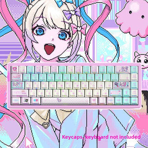 Keycaps shown at a side angle showing the front-printed anime legends
