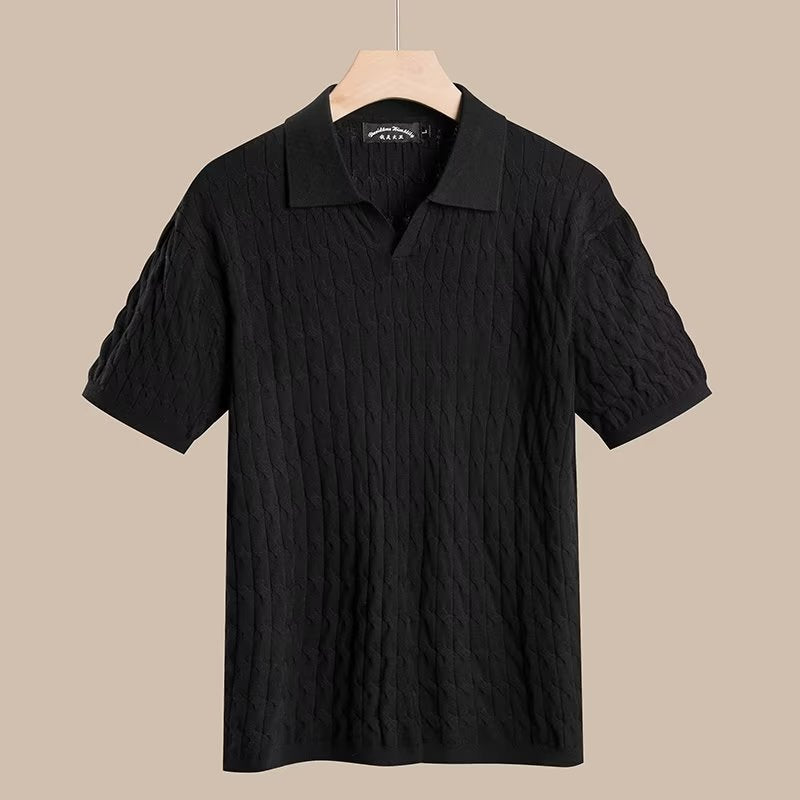 Green knitted short sleeve polo with an open lapel collar on a model