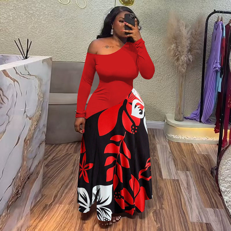 Solid bodice and printed maxi skirt joined on a diagonal seam on a long sleeve dress