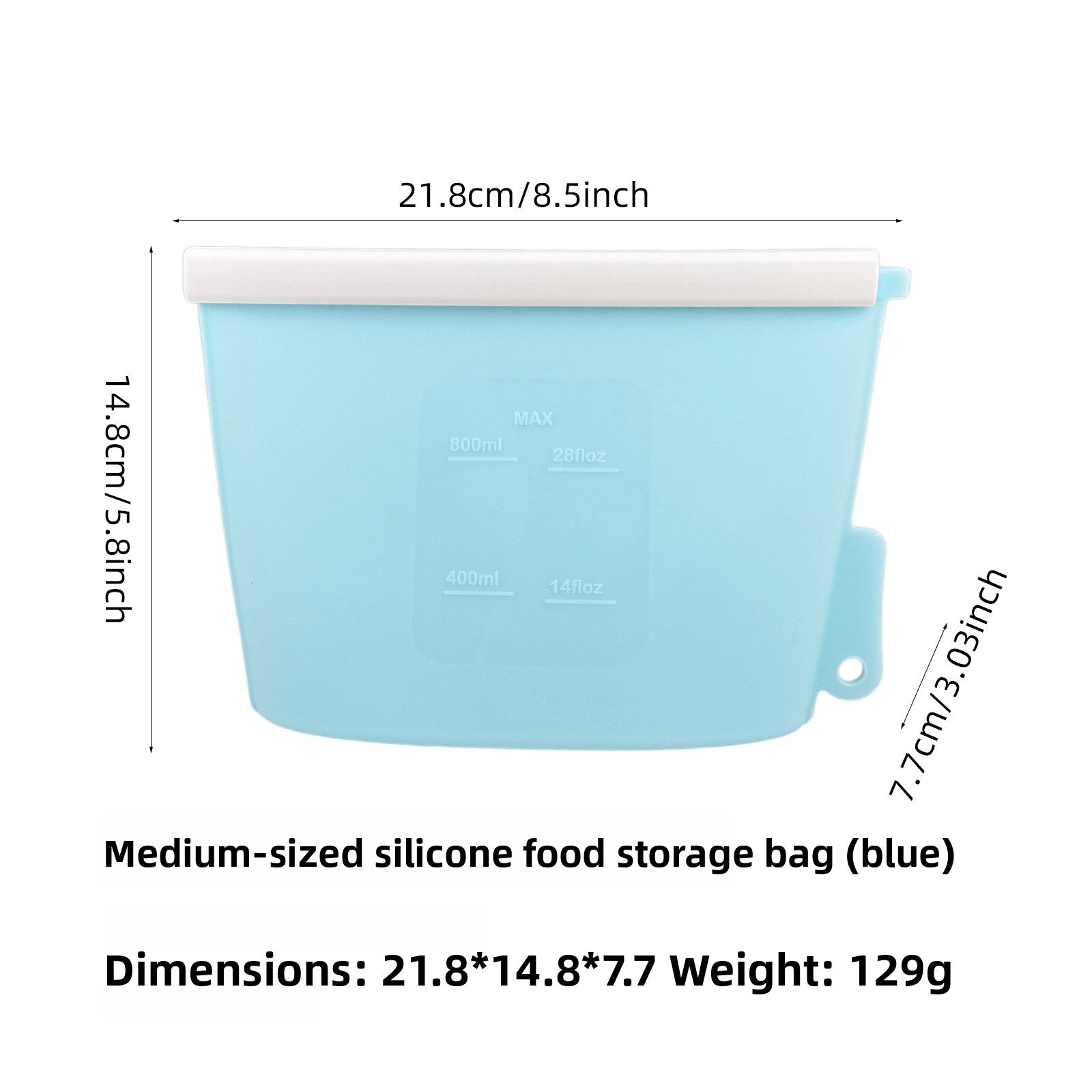 Reusable blue silicone food storage bag, 800ml size, standing sealed upright
