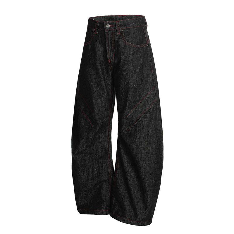 Alternate wash view of the cotton wide leg jean with red accent stitch