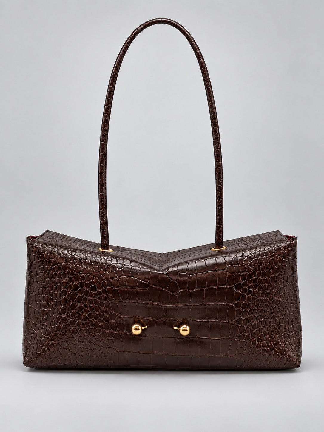 Dark brown croc embossed shoulder bag with gold ball studs, Stone pattern dark brown option