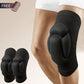 Black turtle shell knee pad worn on a bare knee with a pair of knee pads shown at the left on a beige background
