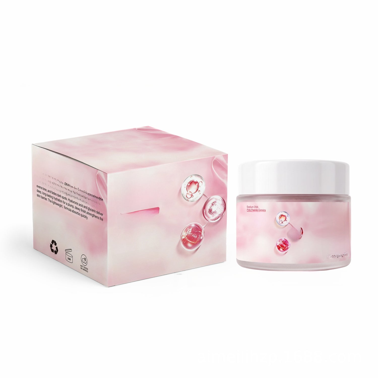Pink PDRN essence cream in a frosted jar next to its pink box, the 50g net content option in this listing