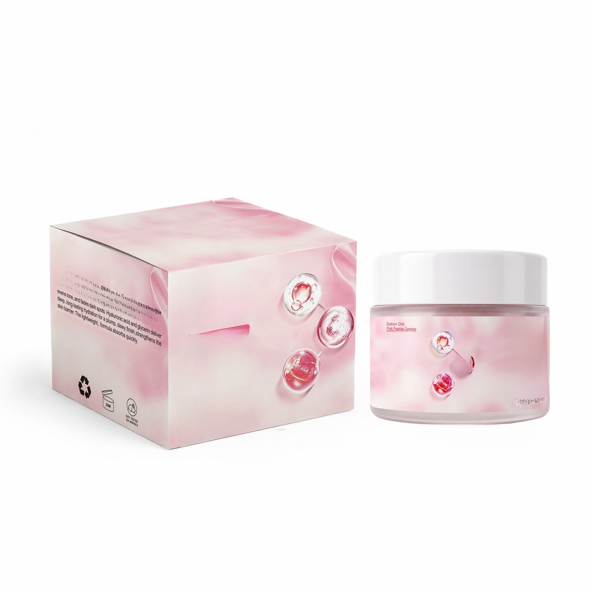 Pink PDRN essence cream in a frosted jar next to its pink box, the 50g net content option in this listing