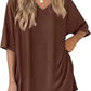 Dark Brown milk silk V neck loungewear set, oversized top and matching shorts, size L