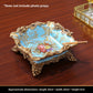 Cast resin home decor piece with vintage European molding, gold tone trim, and shell inlay surface