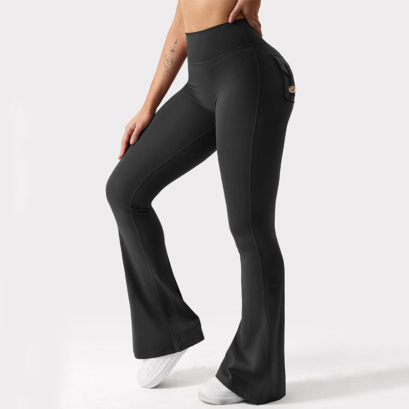 Blue elastic fitness yoga pants back view