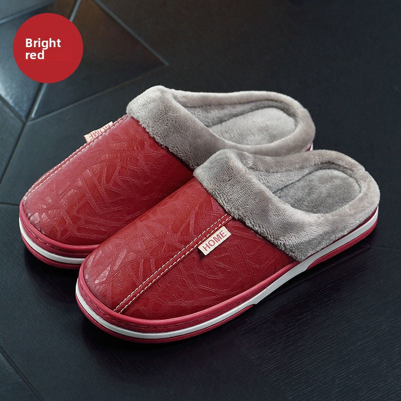 Plush warm home slipper with a PU upper, plush lining and thick anti slip sole, red