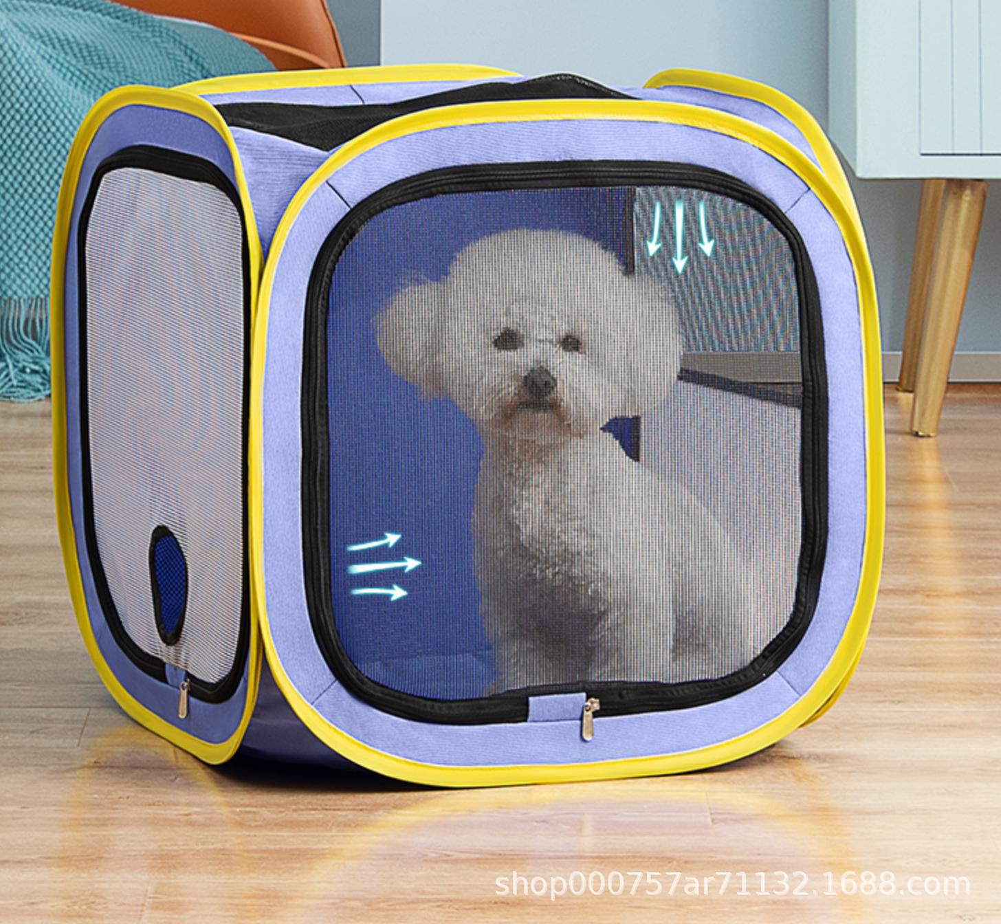 Blue pet drying box with a small white dog sitting behind the mesh door