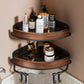 Cream walnut bathroom corner organizer with a hanging rod and a folded towel