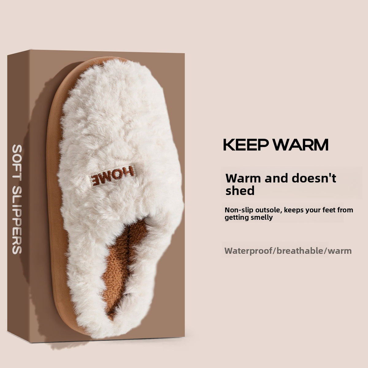White plush slipper with tan sole in a SOFT SLIPPERS box, KEEP WARM banner