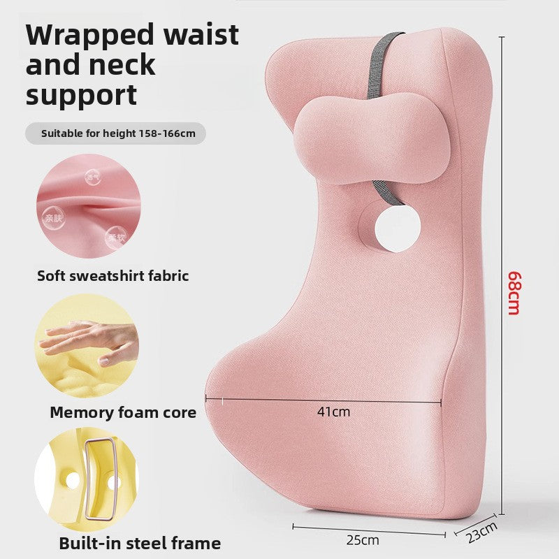 Grey memory foam back and neck support cushion viewed from the side