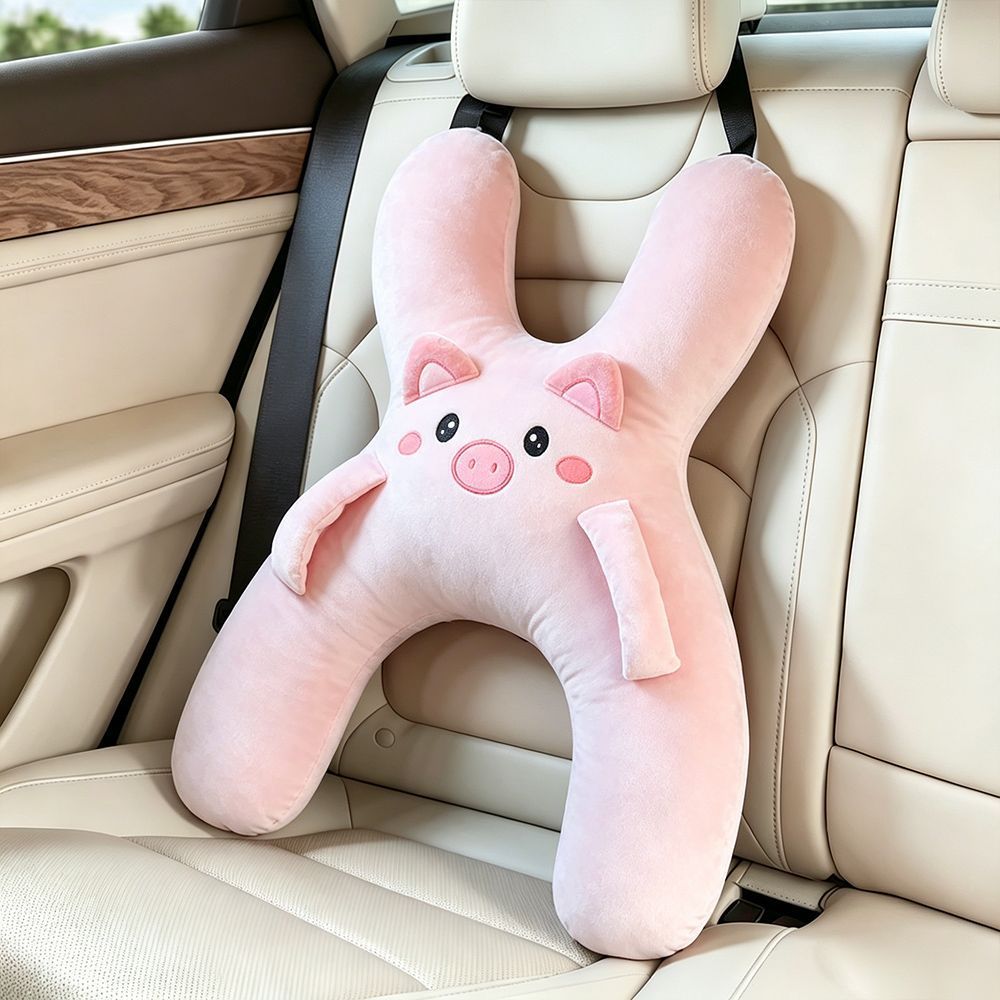 Pink pig shaped plush car headrest nap pillow with embroidered face