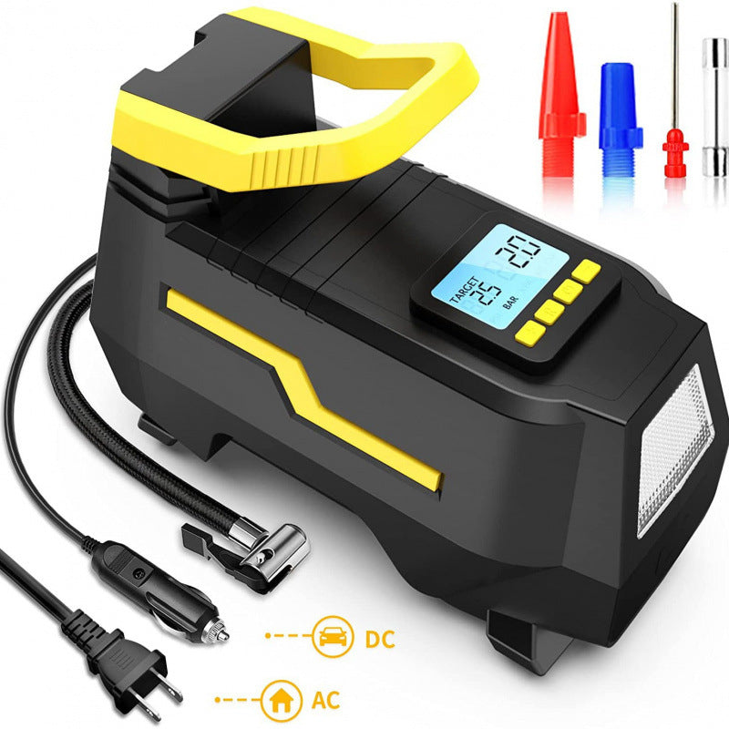 Black and yellow portable electric air pump with a digital screen, air hose, car plug, wall plug and three nozzles