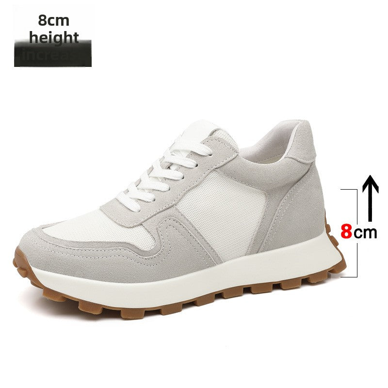 Gray cow suede and mesh height increasing sneaker, side view with an 8 cm callout