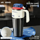 Black insulated travel mug beside an inset showing its white ceramic coated inner lining