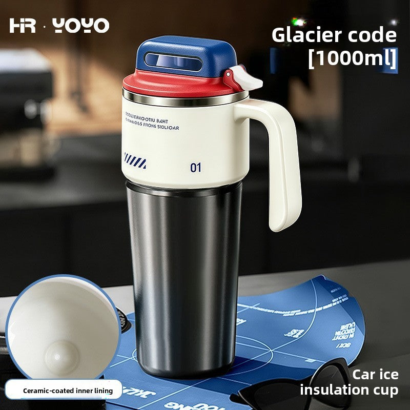Black insulated travel mug beside an inset showing its white ceramic coated inner lining