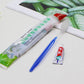 Blue plastic toothbrush with a toothpaste tube and a hotel supplies pouch on a light surface