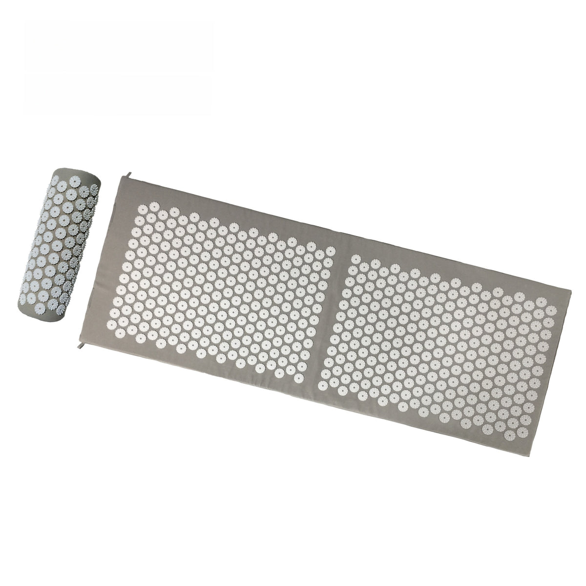 Gray spiked massage mat with matching spiked head pillow, top view on a white background