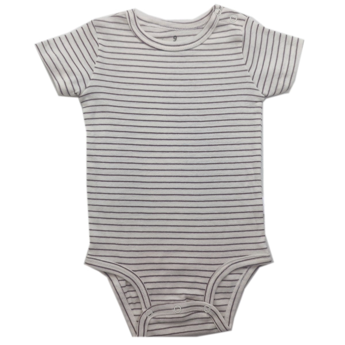 Baby cotton bodysuit with short sleeves and an envelope neckline laid flat on a white background