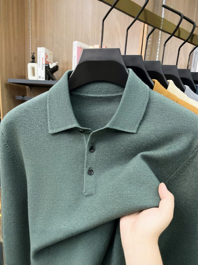 Bean green knit polo collar and three button placket close up with fabric held in hand