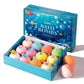 Four step bath guide showing water in a tub, the fizzing ball, a child soaking, then rinsing
