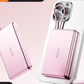 Titanium pink power bank with its braided built in charging cable extended
