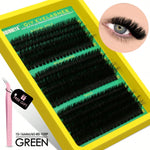 Green tray of black DIY single cluster false eyelashes beside a made up eye with tweezers
