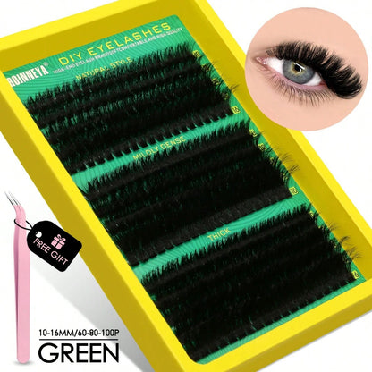 Green tray of black DIY single cluster false eyelashes beside a made up eye with tweezers