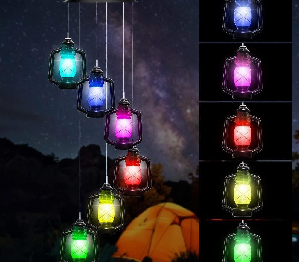 Kerosene lantern LED figures glowing in several colors, hanging from a solar lamp head, red housing option
