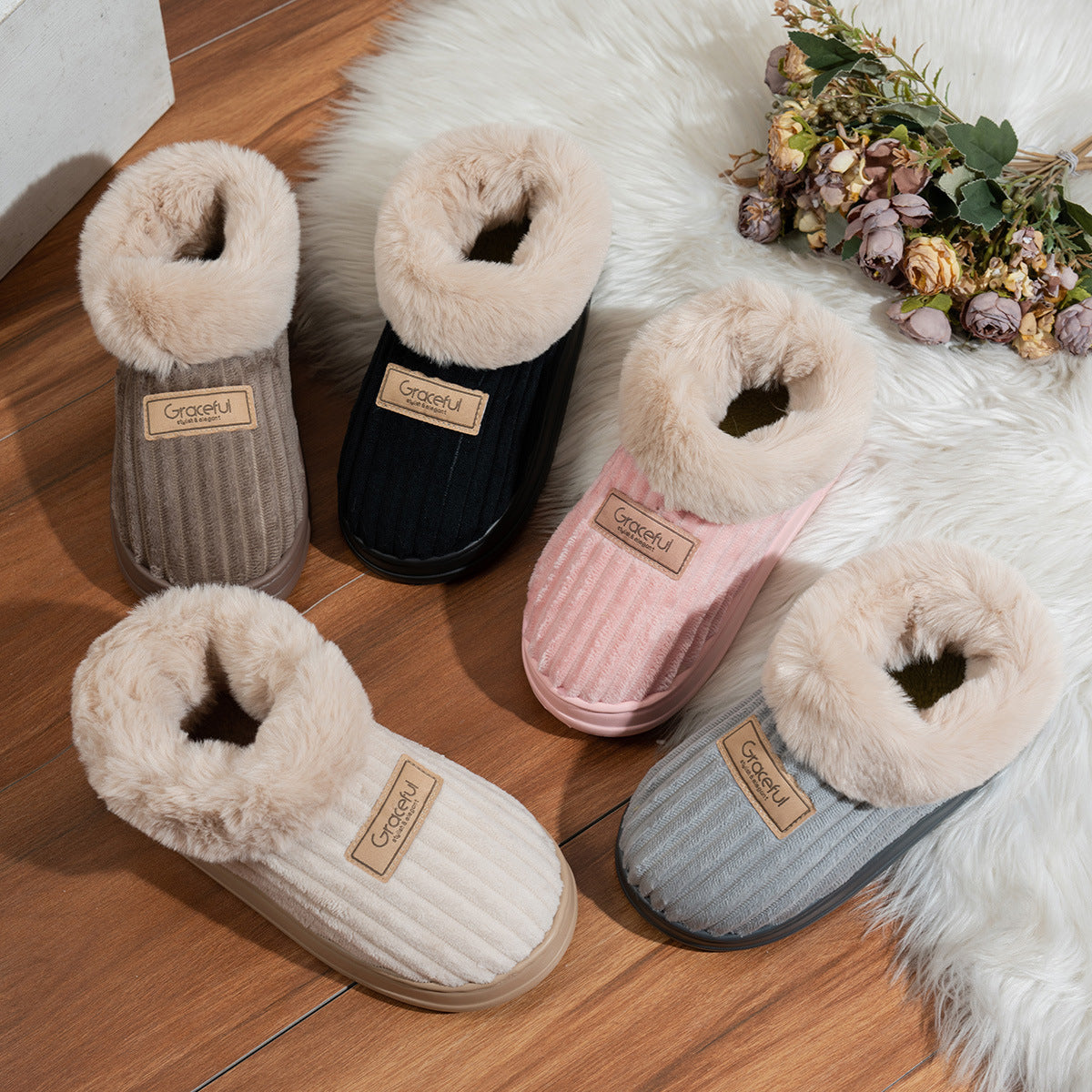 Fur lined bootie slipper on a chunky nonslip EVA platform sole for indoor wear