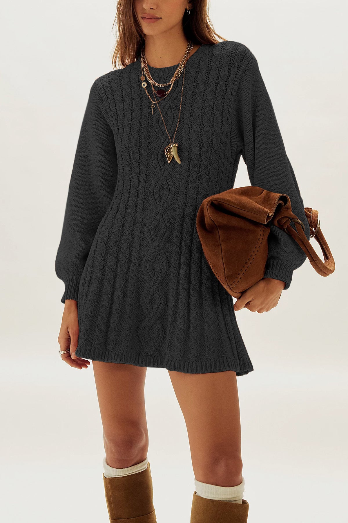 Charcoal black cable knit mini sweater dress with long full sleeves, Black option, size M