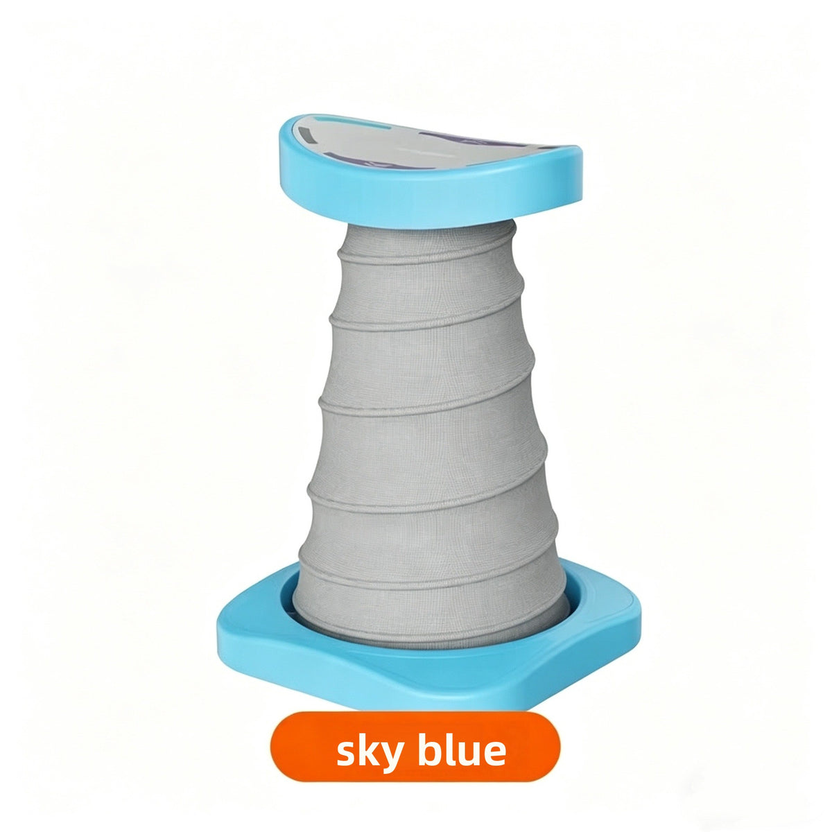 Sky blue push-up support stand with a ribbed gray elastic column, blue curved top pad and blue base plate, sky blue label