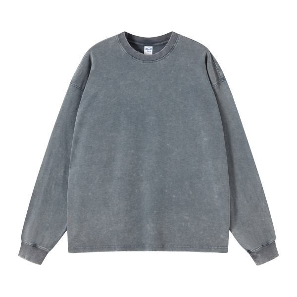 Ribbed crew neck and distressed collar detail of the purple washed long tee
