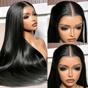 Long straight black lace front wig on a model, with two close-up views of the center part and lace hairline