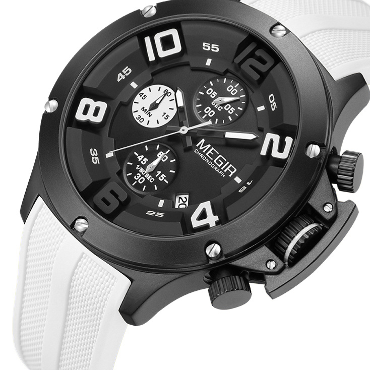 MEGIR chronograph quartz watch white silicone strap and black alloy case