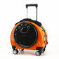 Solid orange pet carrier on wheels with a black paw-print window pierced with air holes and a telescopic handle